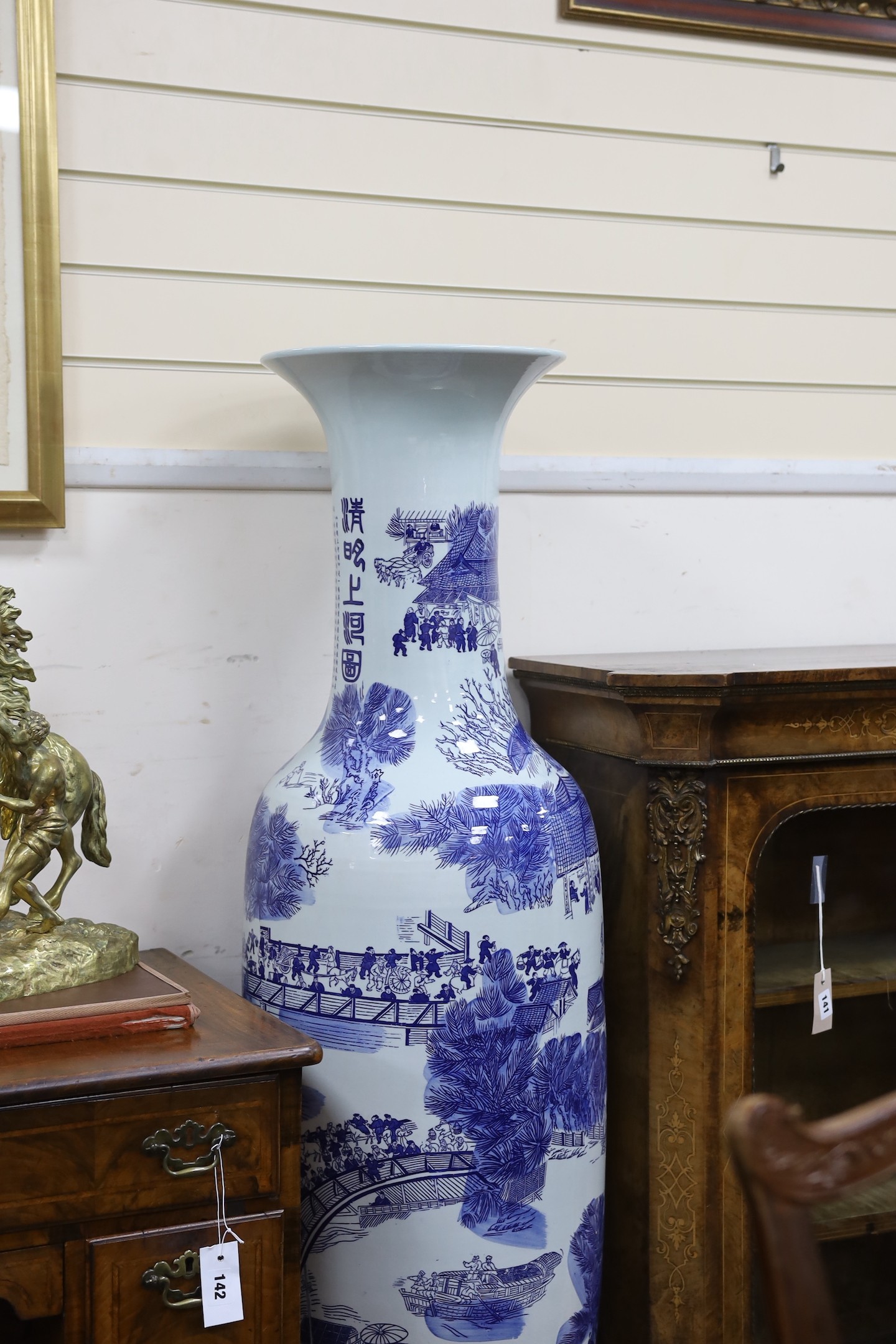 A pair of massive Chinese blue and white vases, 142cm